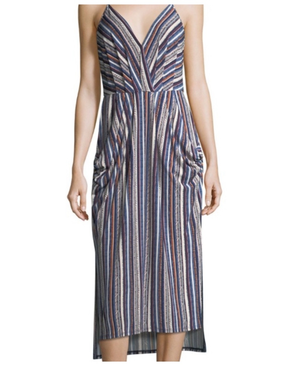 BCBGeneration Striped V-Neck Midi Dress with Pockets in‎ Blue, Cream, and Rust
